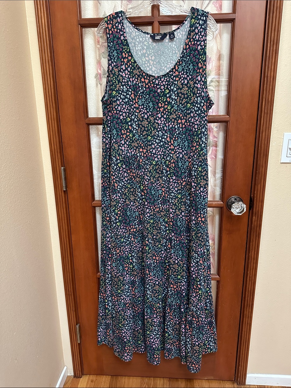 Lands' End Navy Floral Sleeveless Maxi Dress